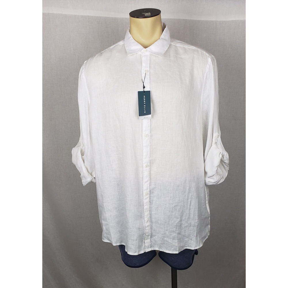Perry Ellis Mens 2XLT White 100% Linen Roll Tab Sleeve Button Front Shirt Summer